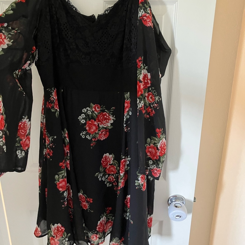 Torrid Black Floral Dress with Pink Roses Size 3X Off the Shoulder Bell Sleeves